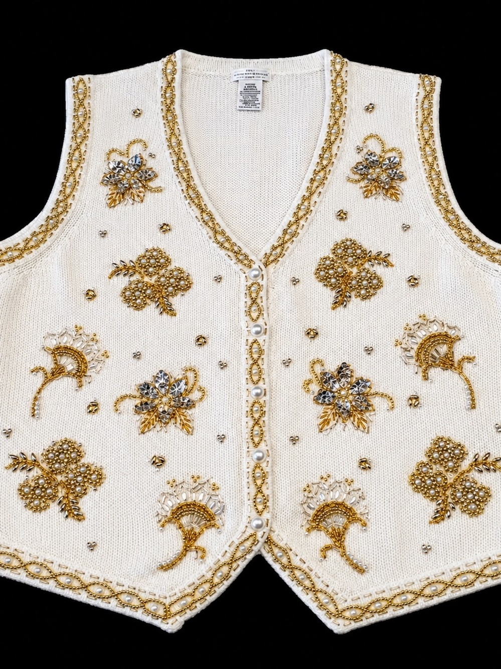 Embellished Cream V-Neck Sweater Vest with Gold Beading